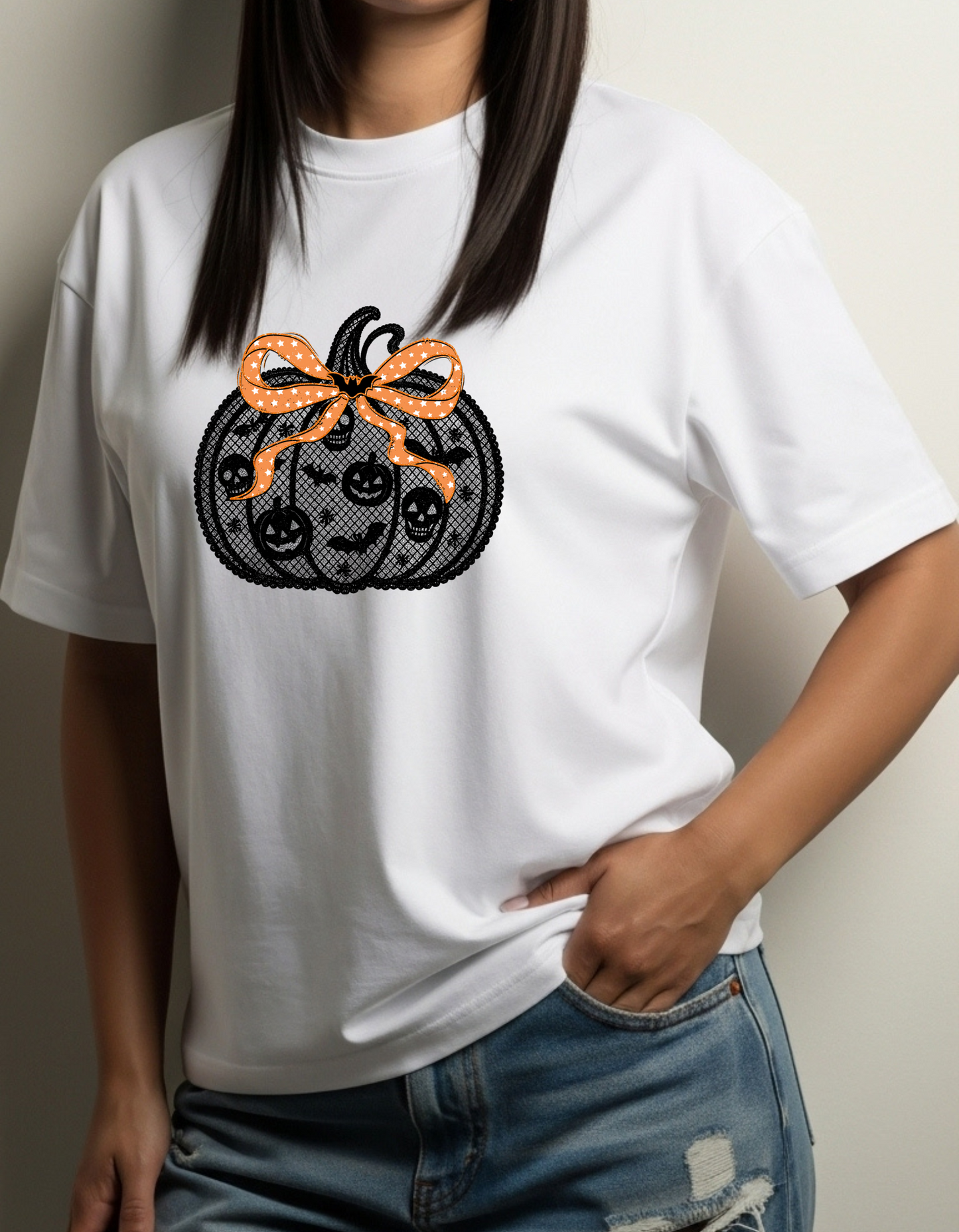Black Lace Pumpkin Women’s T-Shirt – Fall Graphic Tee with Skeletons, Pumpkins & Bats