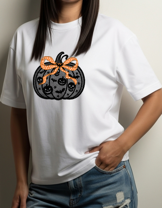 Black Lace Pumpkin Women’s T-Shirt – Fall Graphic Tee with Skeletons, Pumpkins & Bats