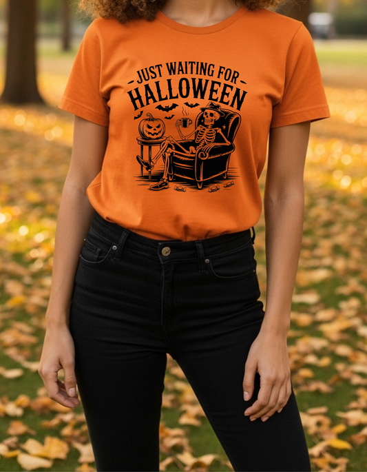 Just Waiting for Halloween Unisex T-Shirt – Funny Fall Skeleton Graphic Tee